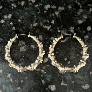 Bold Gold Tone Textured Bamboo Hoop Earrings